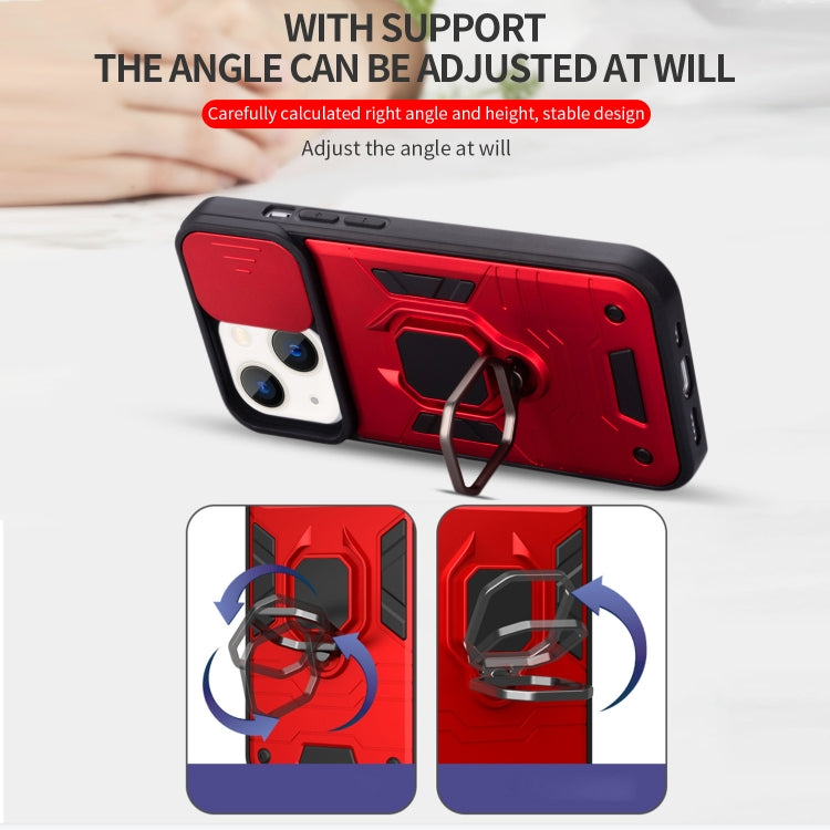 For iPhone 13 Warrior Armor Sliding Camera Cover Design TPU + PC Shockproof Case with Ring Holder