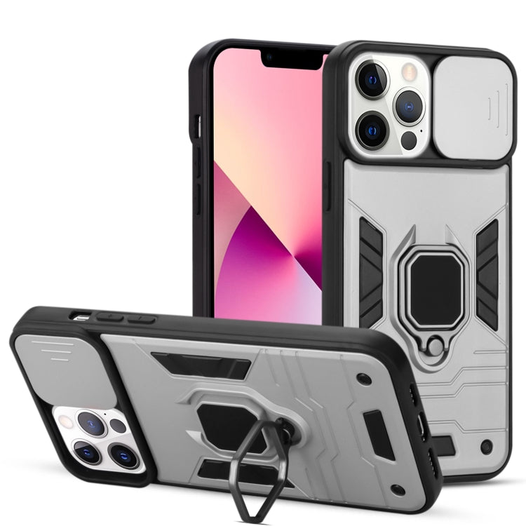 For iPhone 13 Pro Warrior Armor Sliding Camera Cover Design TPU + PC Shockproof Case with Ring Holder