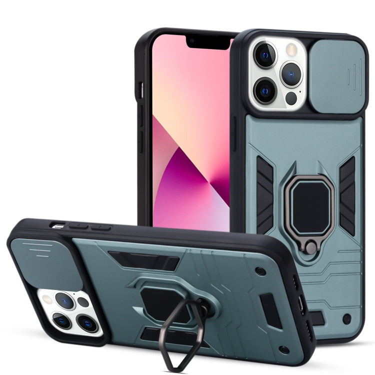 For iPhone 13 Pro Warrior Armor Sliding Camera Cover Design TPU + PC Shockproof Case with Ring Holder