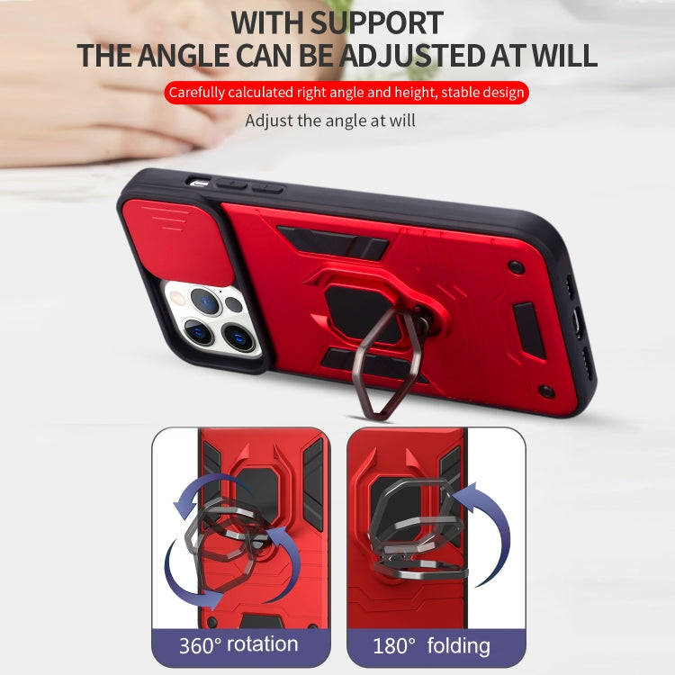 For iPhone 13 Pro Warrior Armor Sliding Camera Cover Design TPU + PC Shockproof Case with Ring Holder