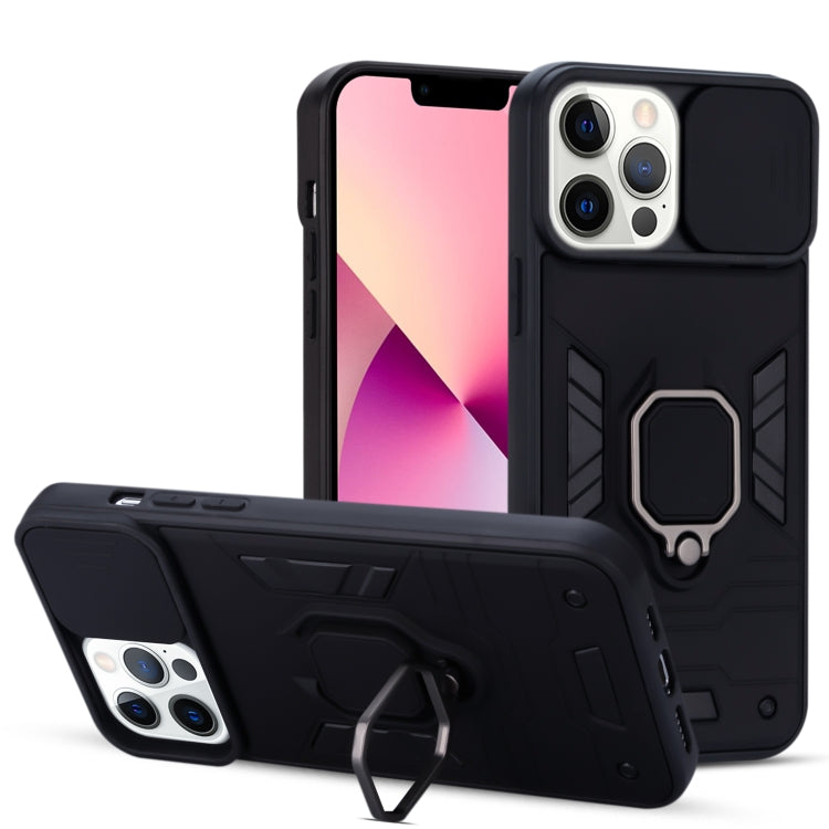 For iPhone 13 Pro Max Warrior Armor Sliding Camera Cover Design TPU + PC Shockproof Case with Ring Holder