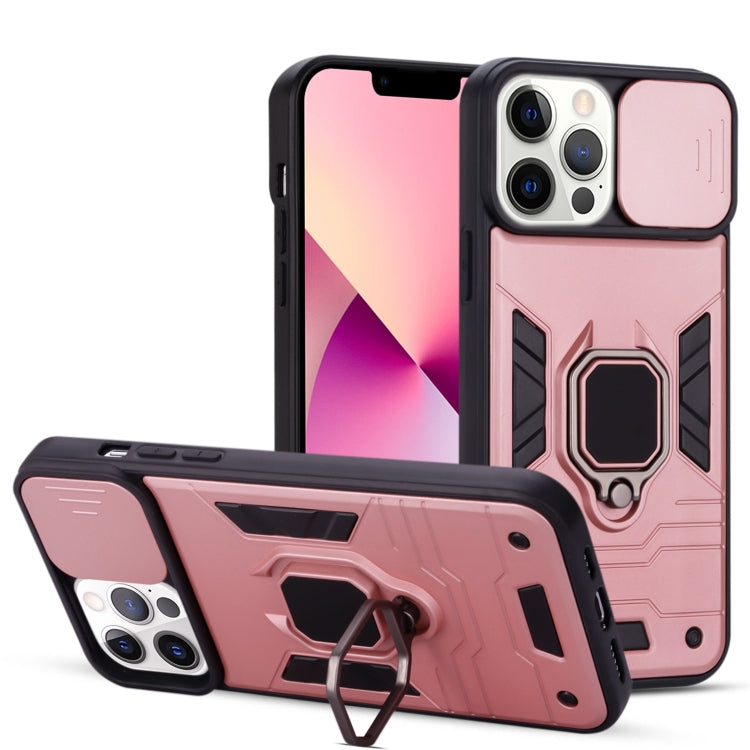 For iPhone 13 Pro Max Warrior Armor Sliding Camera Cover Design TPU + PC Shockproof Case with Ring Holder