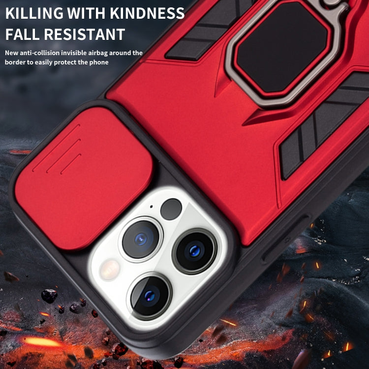 For iPhone 13 Pro Max Warrior Armor Sliding Camera Cover Design TPU + PC Shockproof Case with Ring Holder