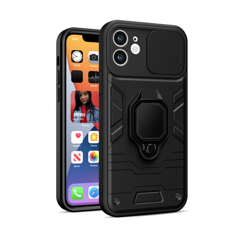 For iPhone 12 mini Warrior Armor Sliding Camera Cover Design TPU + PC Shockproof Case with Ring Holder