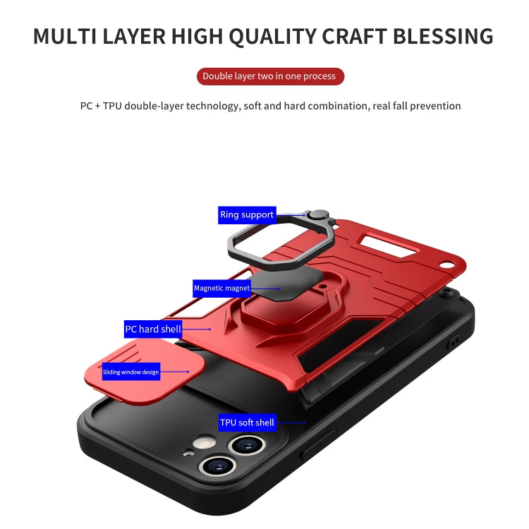 For iPhone 12 Warrior Armor Sliding Camera Cover Design TPU + PC Shockproof Case with Ring Holder