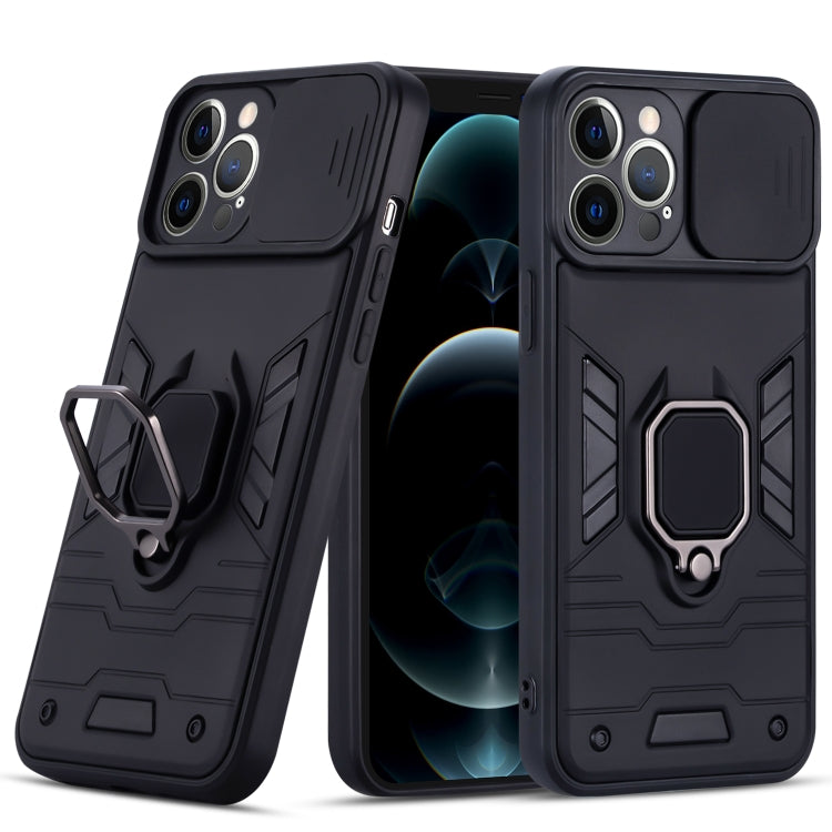 For iPhone 12 Pro Max Warrior Armor Sliding Camera Cover Design TPU + PC Shockproof Case with Ring Holder
