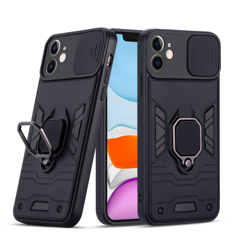 For iPhone 11 Warrior Armor Sliding Camera Cover Design TPU + PC Shockproof Case with Ring Holder
