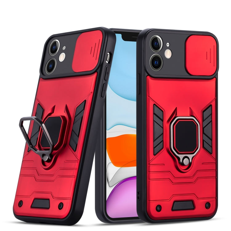 For iPhone 11 Warrior Armor Sliding Camera Cover Design TPU + PC Shockproof Case with Ring Holder