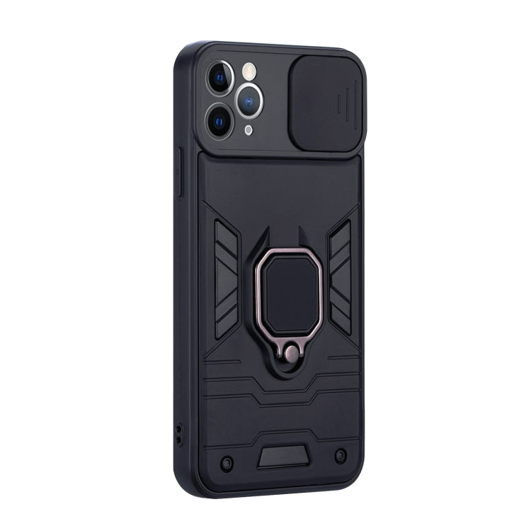 For iPhone 11 Pro Max Warrior Armor Sliding Camera Cover Design TPU + PC Shockproof Case with Ring Holder