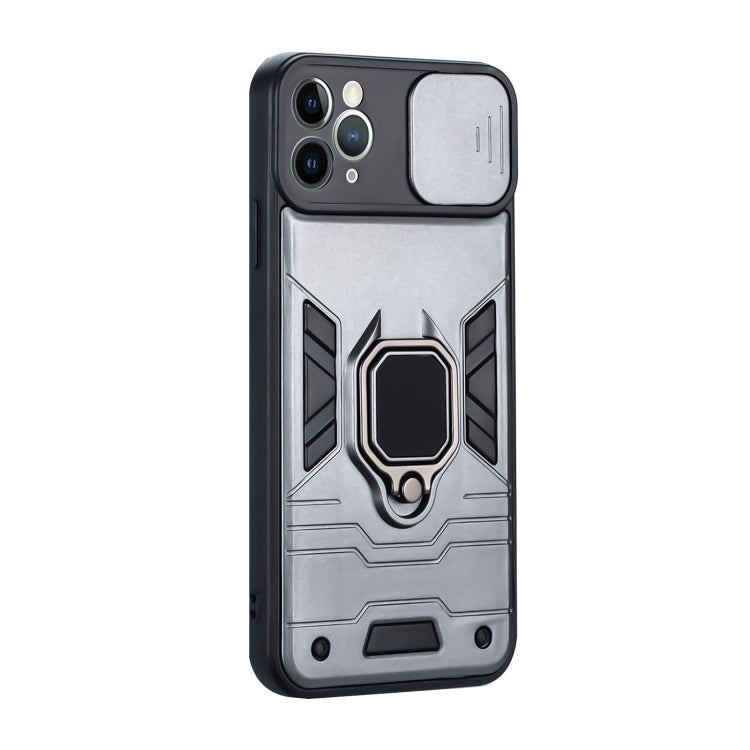 For iPhone 11 Pro Max Warrior Armor Sliding Camera Cover Design TPU + PC Shockproof Case with Ring Holder