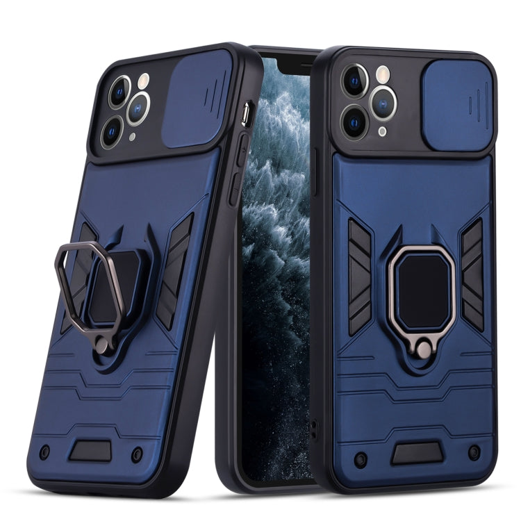 For iPhone 11 Pro Max Warrior Armor Sliding Camera Cover Design TPU + PC Shockproof Case with Ring Holder