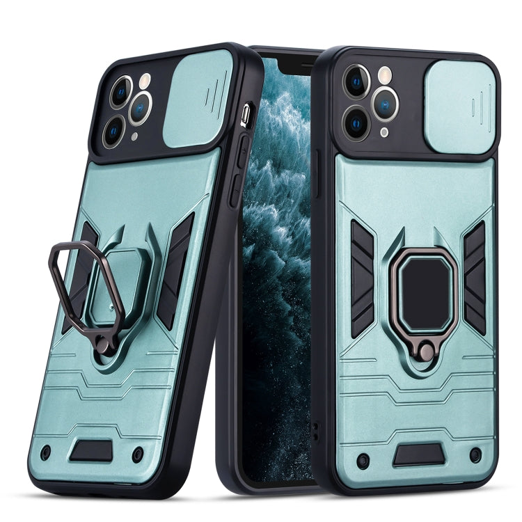 For iPhone 11 Pro Max Warrior Armor Sliding Camera Cover Design TPU + PC Shockproof Case with Ring Holder