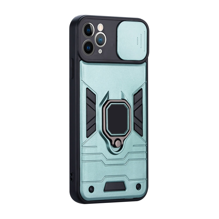 For iPhone 11 Pro Max Warrior Armor Sliding Camera Cover Design TPU + PC Shockproof Case with Ring Holder