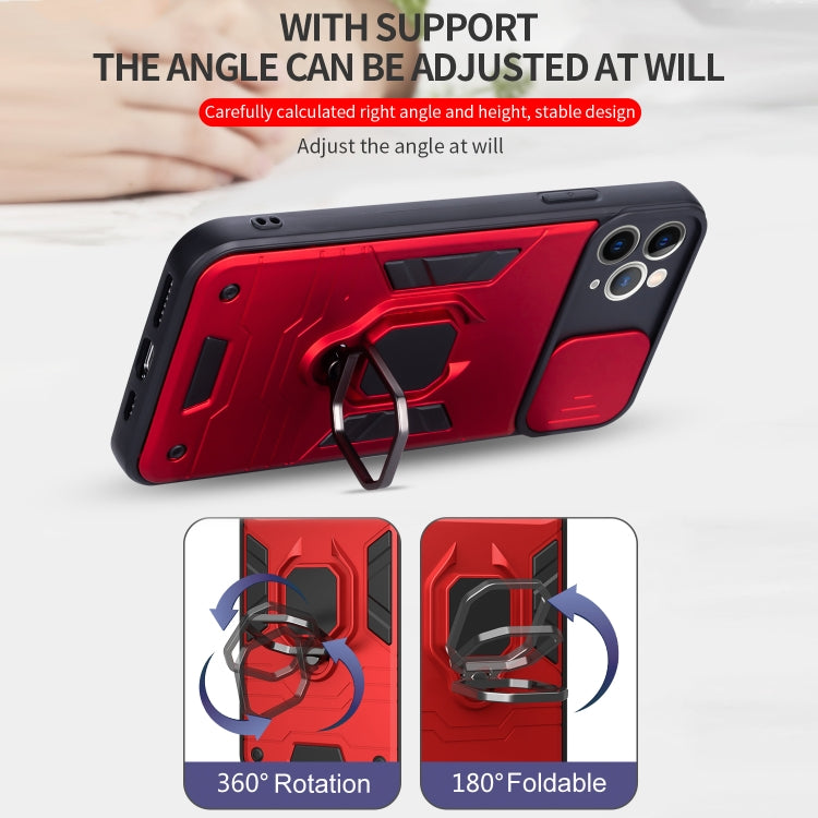 For iPhone 11 Pro Max Warrior Armor Sliding Camera Cover Design TPU + PC Shockproof Case with Ring Holder