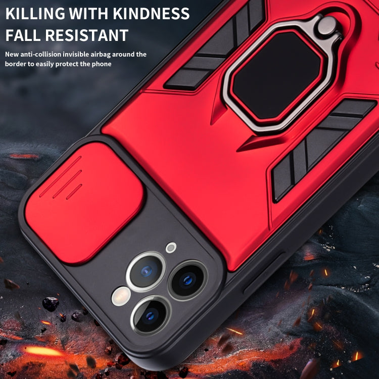 For iPhone 11 Pro Max Warrior Armor Sliding Camera Cover Design TPU + PC Shockproof Case with Ring Holder