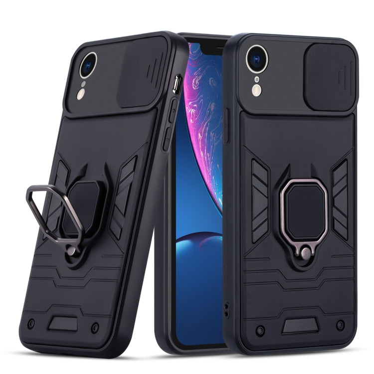 For iPhone XR Warrior Armor Sliding Camera Cover Design TPU + PC Shockproof Case with Ring Holder