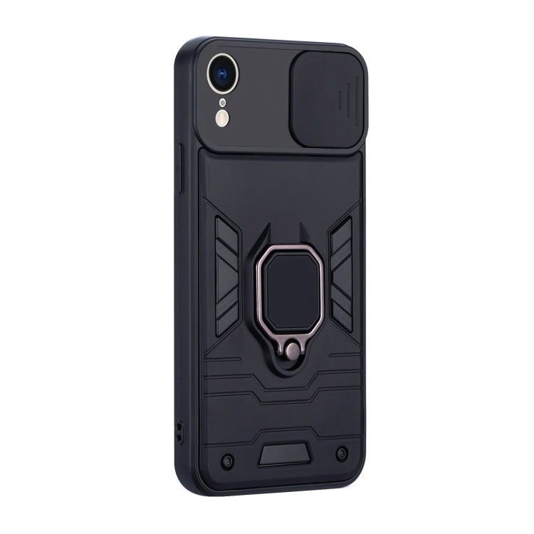 For iPhone XR Warrior Armor Sliding Camera Cover Design TPU + PC Shockproof Case with Ring Holder