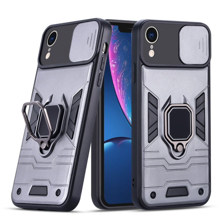 For iPhone XR Warrior Armor Sliding Camera Cover Design TPU + PC Shockproof Case with Ring Holder