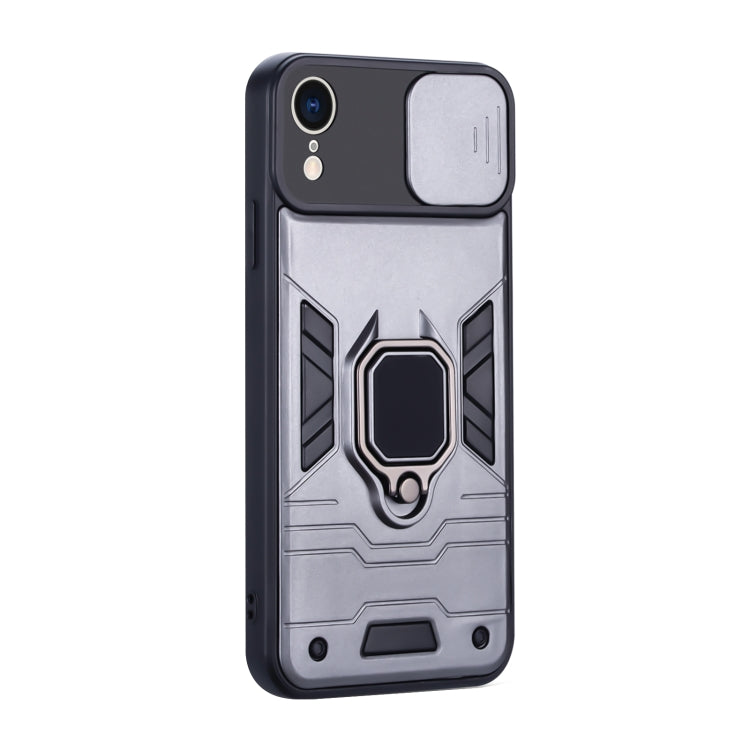 For iPhone XR Warrior Armor Sliding Camera Cover Design TPU + PC Shockproof Case with Ring Holder
