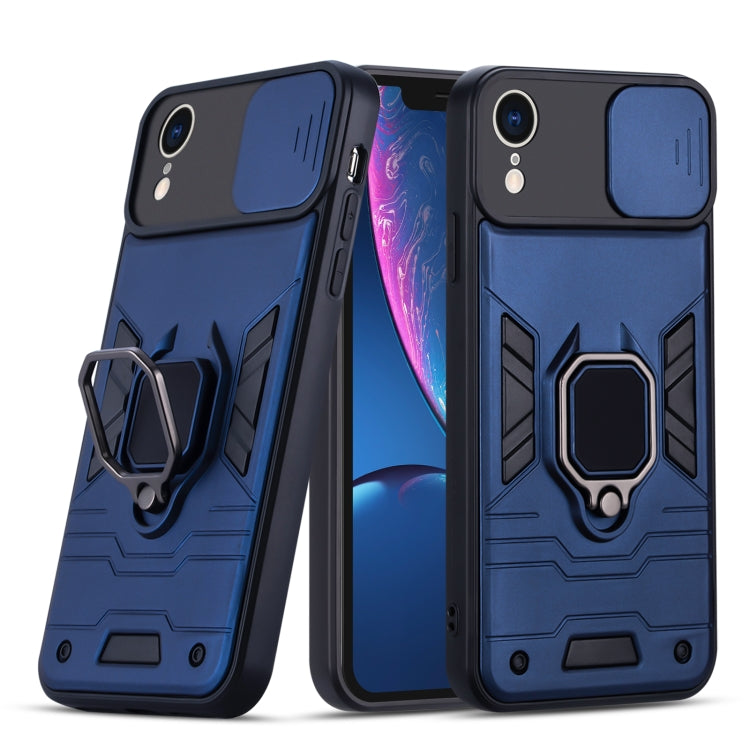 For iPhone XR Warrior Armor Sliding Camera Cover Design TPU + PC Shockproof Case with Ring Holder