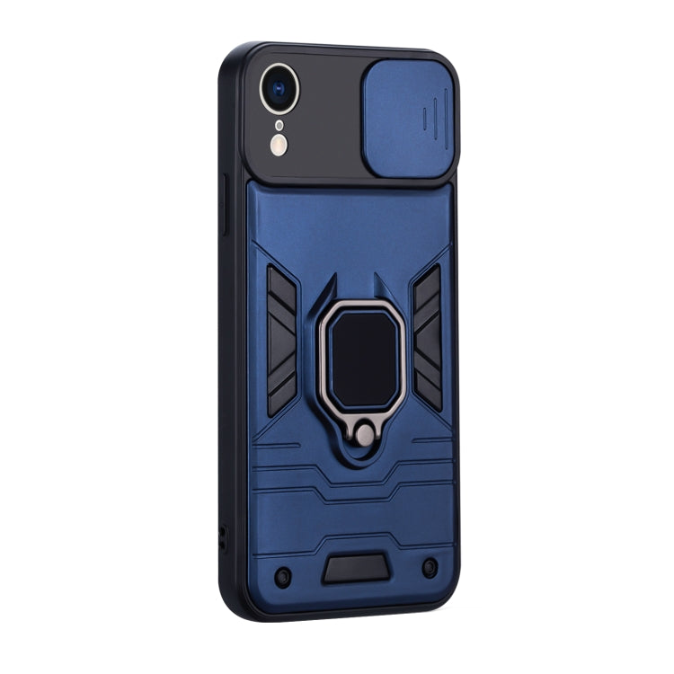 For iPhone XR Warrior Armor Sliding Camera Cover Design TPU + PC Shockproof Case with Ring Holder