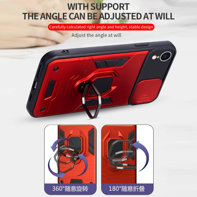 For iPhone XR Warrior Armor Sliding Camera Cover Design TPU + PC Shockproof Case with Ring Holder
