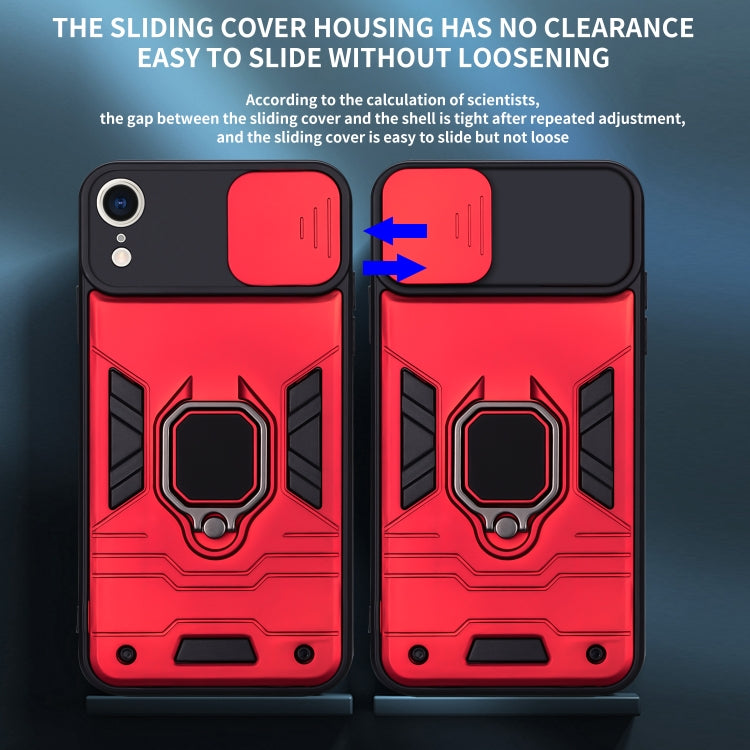 For iPhone XR Warrior Armor Sliding Camera Cover Design TPU + PC Shockproof Case with Ring Holder