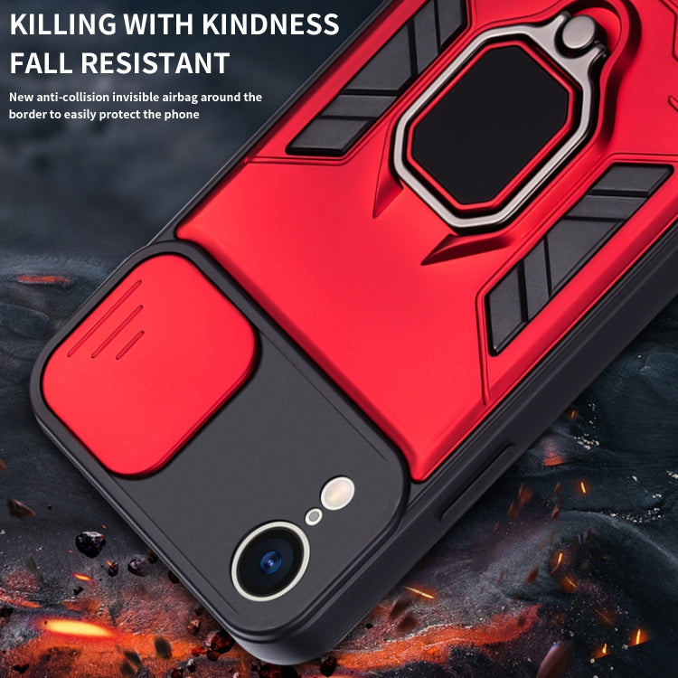 For iPhone XR Warrior Armor Sliding Camera Cover Design TPU + PC Shockproof Case with Ring Holder