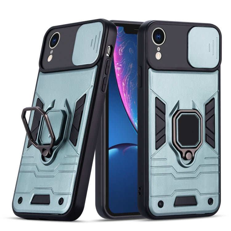 For iPhone XR Warrior Armor Sliding Camera Cover Design TPU + PC Shockproof Case with Ring Holder