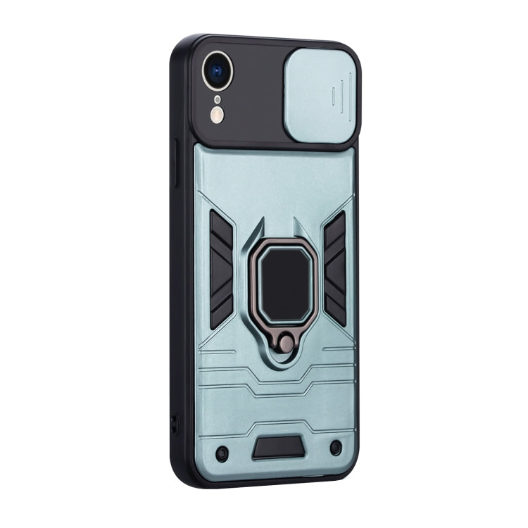 For iPhone XR Warrior Armor Sliding Camera Cover Design TPU + PC Shockproof Case with Ring Holder