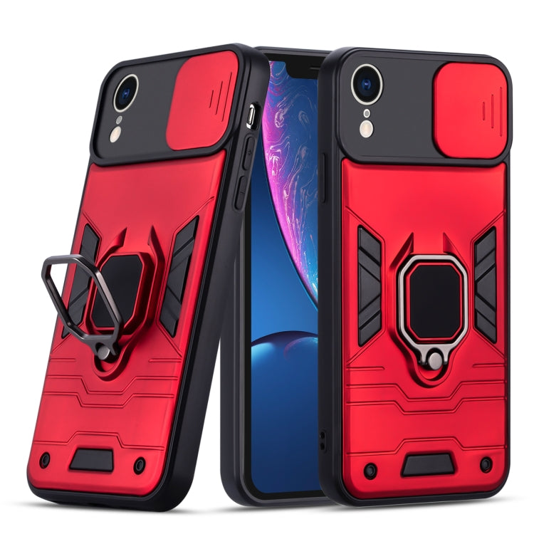For iPhone XR Warrior Armor Sliding Camera Cover Design TPU + PC Shockproof Case with Ring Holder