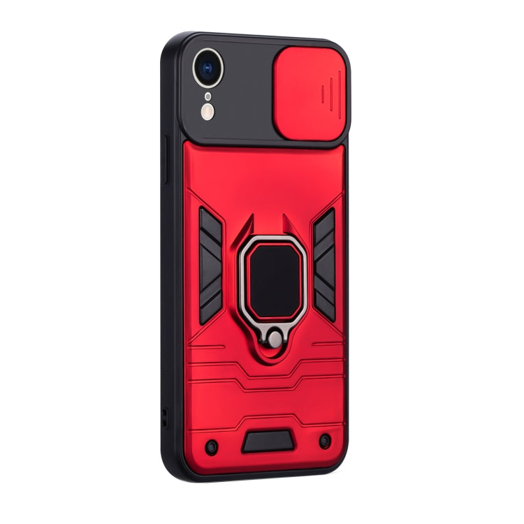 For iPhone XR Warrior Armor Sliding Camera Cover Design TPU + PC Shockproof Case with Ring Holder