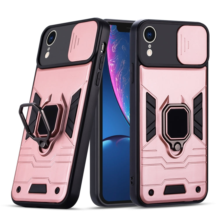 For iPhone XR Warrior Armor Sliding Camera Cover Design TPU + PC Shockproof Case with Ring Holder