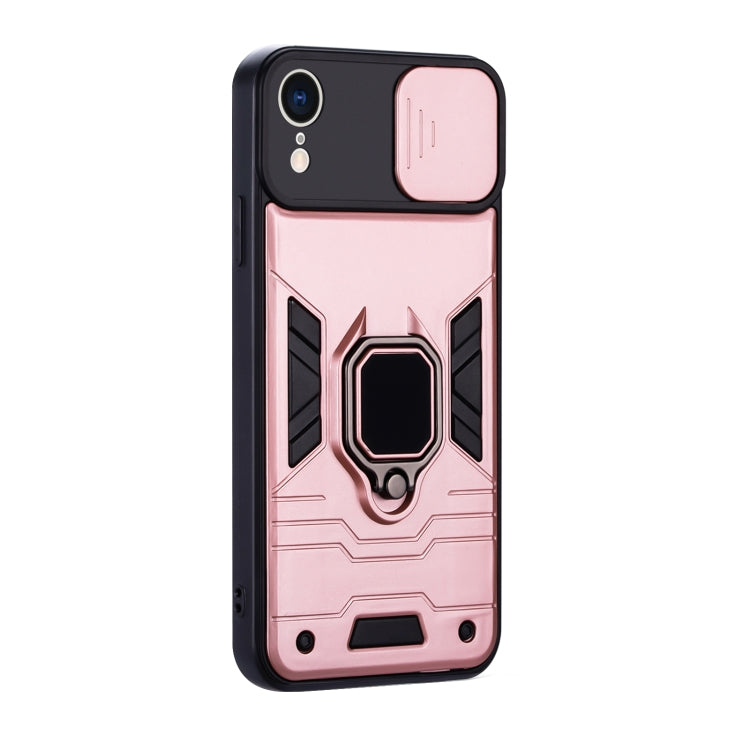 For iPhone XR Warrior Armor Sliding Camera Cover Design TPU + PC Shockproof Case with Ring Holder