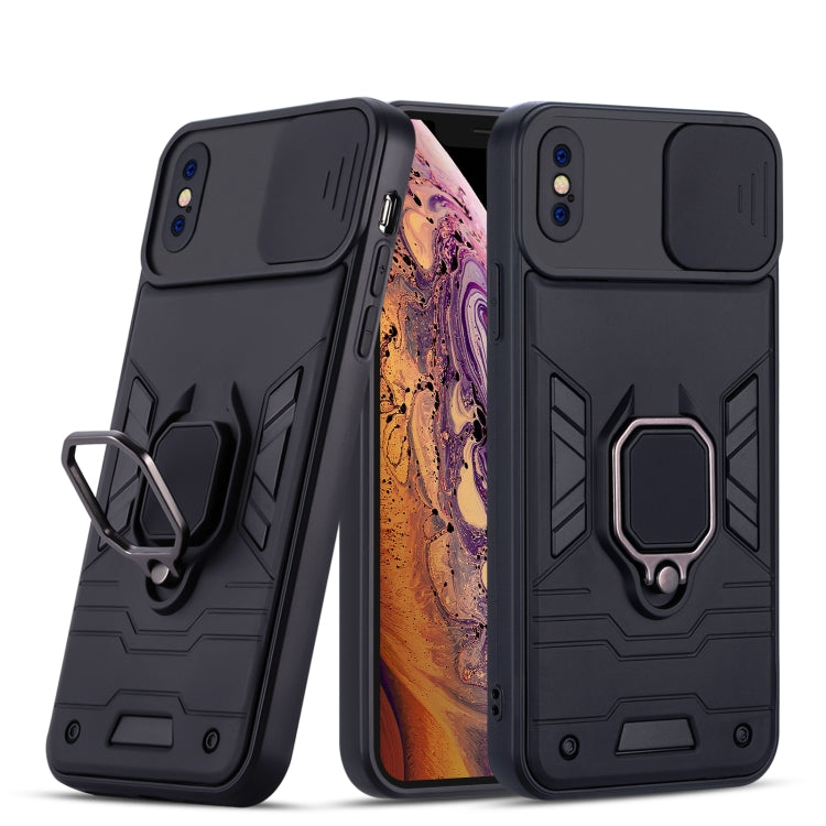 For iPhone XS Max Warrior Armor Sliding Camera Cover Design TPU + PC Shockproof Case with Ring Holder