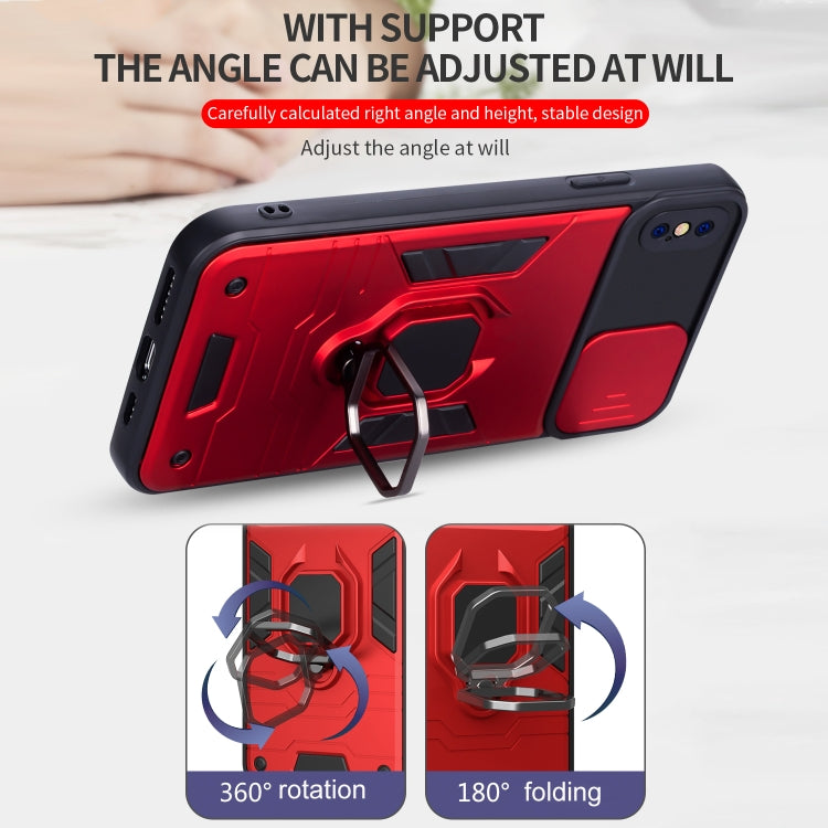For iPhone XS Max Warrior Armor Sliding Camera Cover Design TPU + PC Shockproof Case with Ring Holder