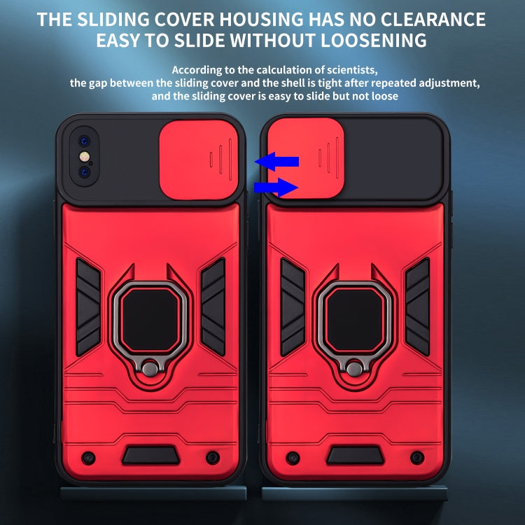 For iPhone XS Max Warrior Armor Sliding Camera Cover Design TPU + PC Shockproof Case with Ring Holder
