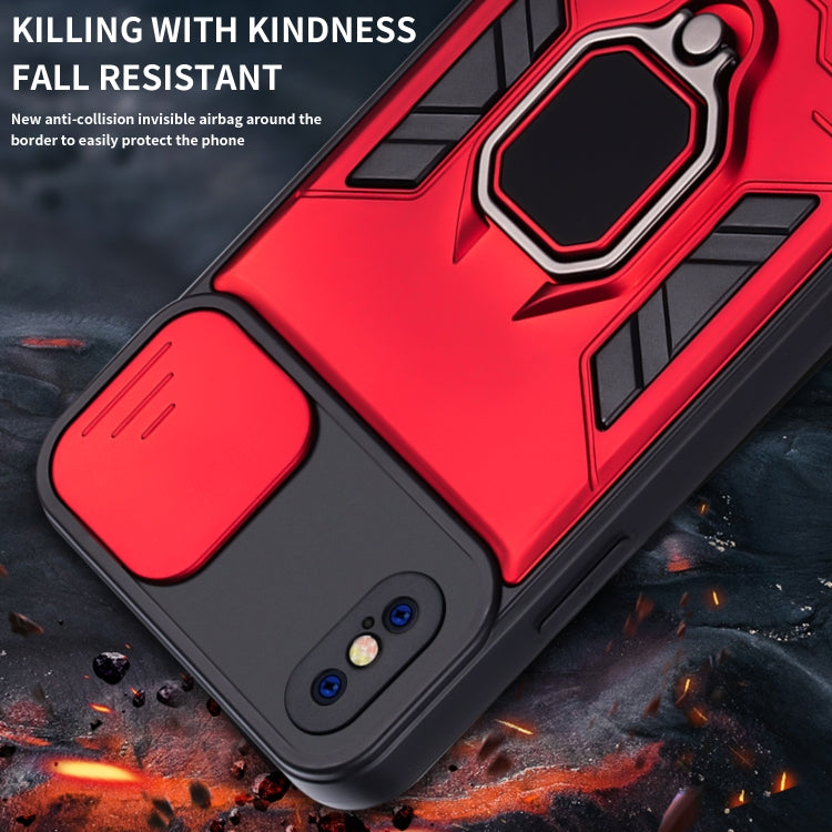 For iPhone XS Max Warrior Armor Sliding Camera Cover Design TPU + PC Shockproof Case with Ring Holder