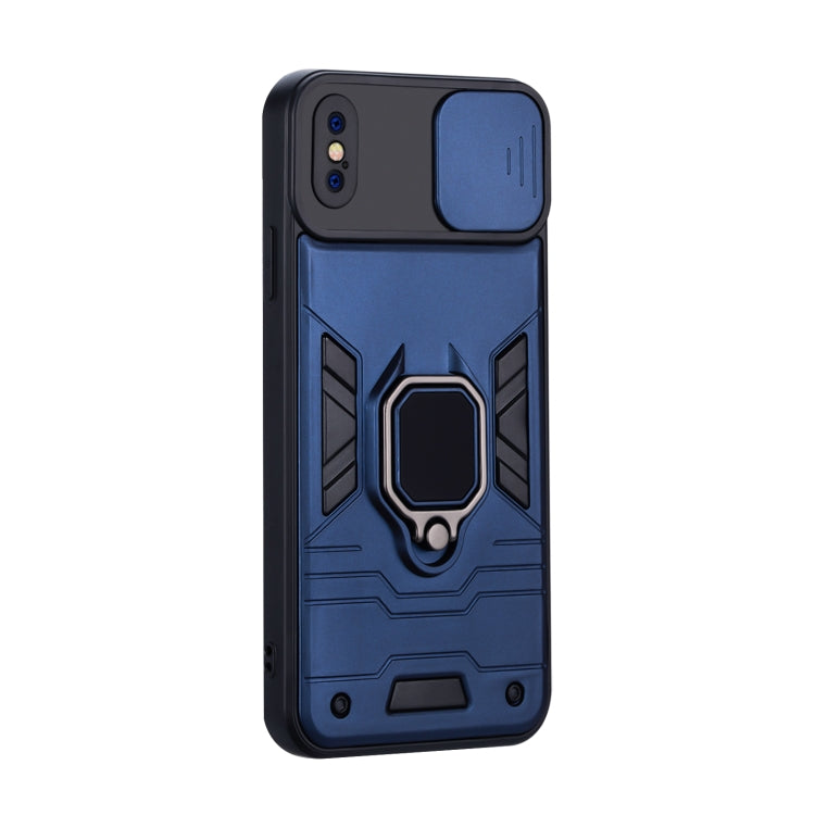 For iPhone XS Max Warrior Armor Sliding Camera Cover Design TPU + PC Shockproof Case with Ring Holder