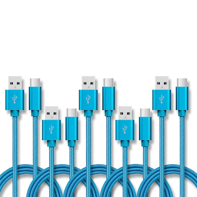 5 PCS USB to USB-C / Type-C Nylon Braided Charging Data Transmission Cable, Cable Length:1m