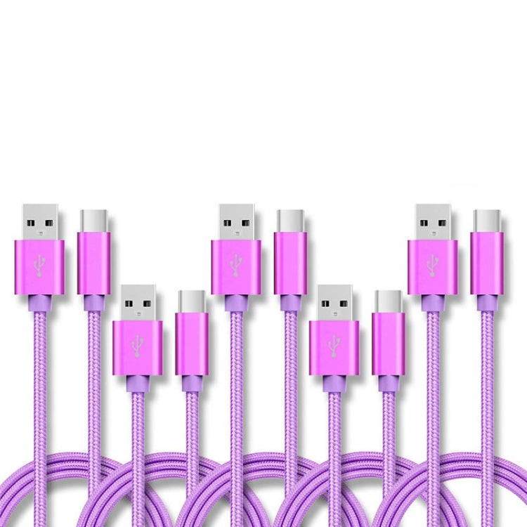 5 PCS USB to USB-C / Type-C Nylon Braided Charging Data Transmission Cable, Cable Length:1m