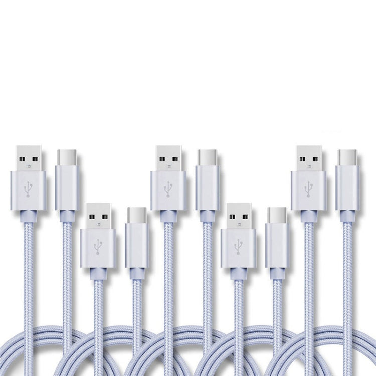 5 PCS USB to USB-C / Type-C Nylon Braided Charging Data Transmission Cable, Cable Length:1m