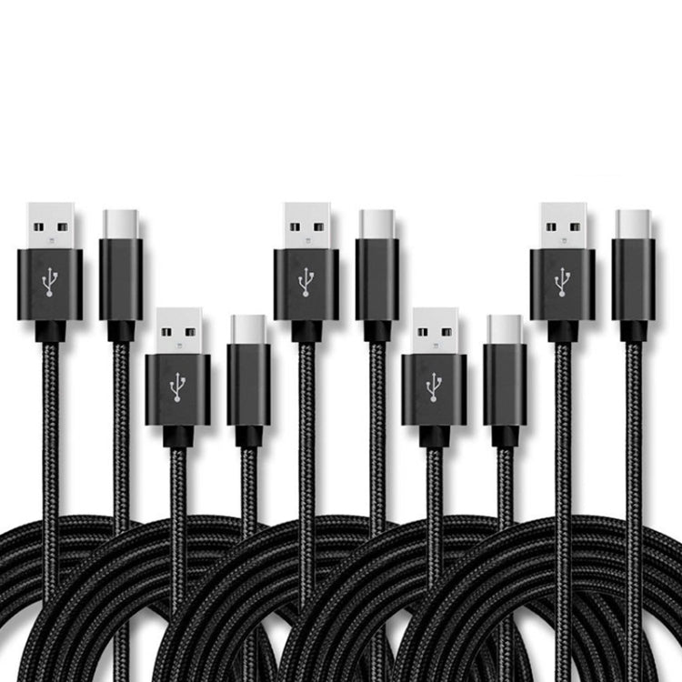 5 PCS USB to USB-C / Type-C Nylon Braided Charging Data Transmission Cable, Cable Length:2m