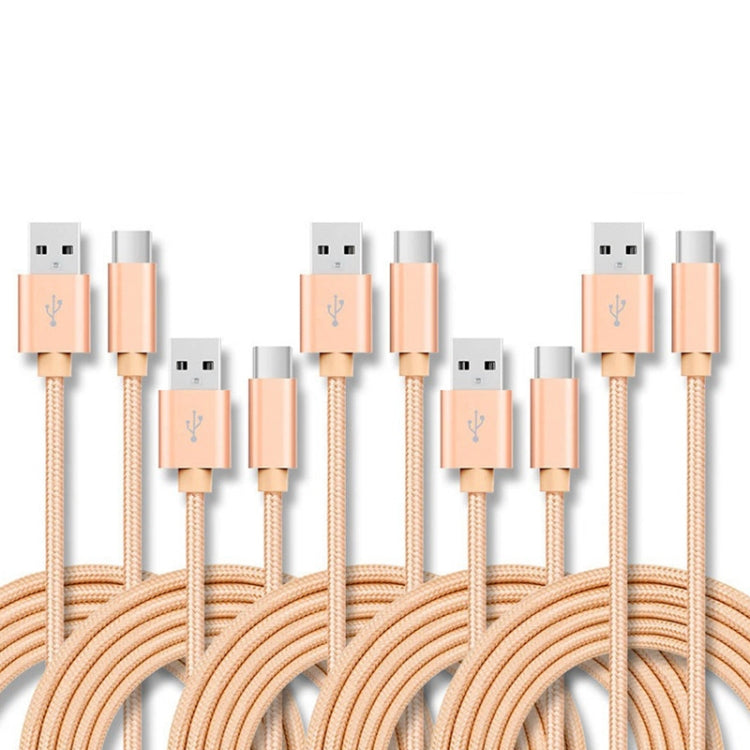 5 PCS USB to USB-C / Type-C Nylon Braided Charging Data Transmission Cable, Cable Length:2m