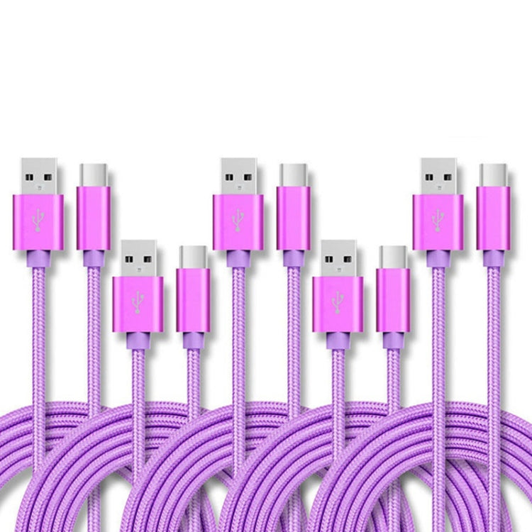 5 PCS USB to USB-C / Type-C Nylon Braided Charging Data Transmission Cable, Cable Length:2m