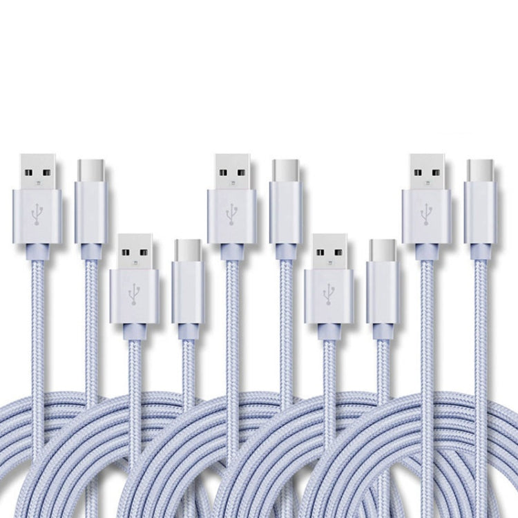 5 PCS USB to USB-C / Type-C Nylon Braided Charging Data Transmission Cable, Cable Length:2m