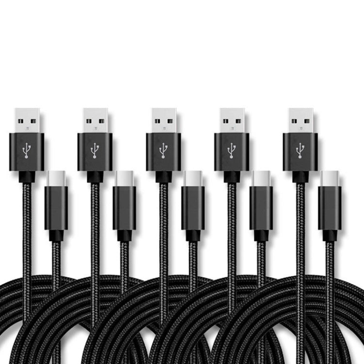 5 PCS USB to USB-C / Type-C Nylon Braided Charging Data Transmission Cable, Cable Length:3m