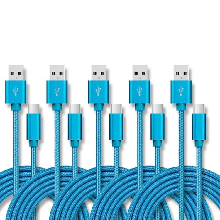 5 PCS USB to USB-C / Type-C Nylon Braided Charging Data Transmission Cable, Cable Length:3m