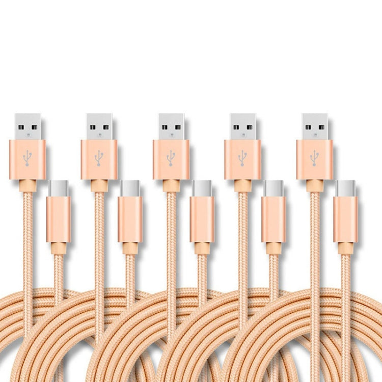 5 PCS USB to USB-C / Type-C Nylon Braided Charging Data Transmission Cable, Cable Length:3m