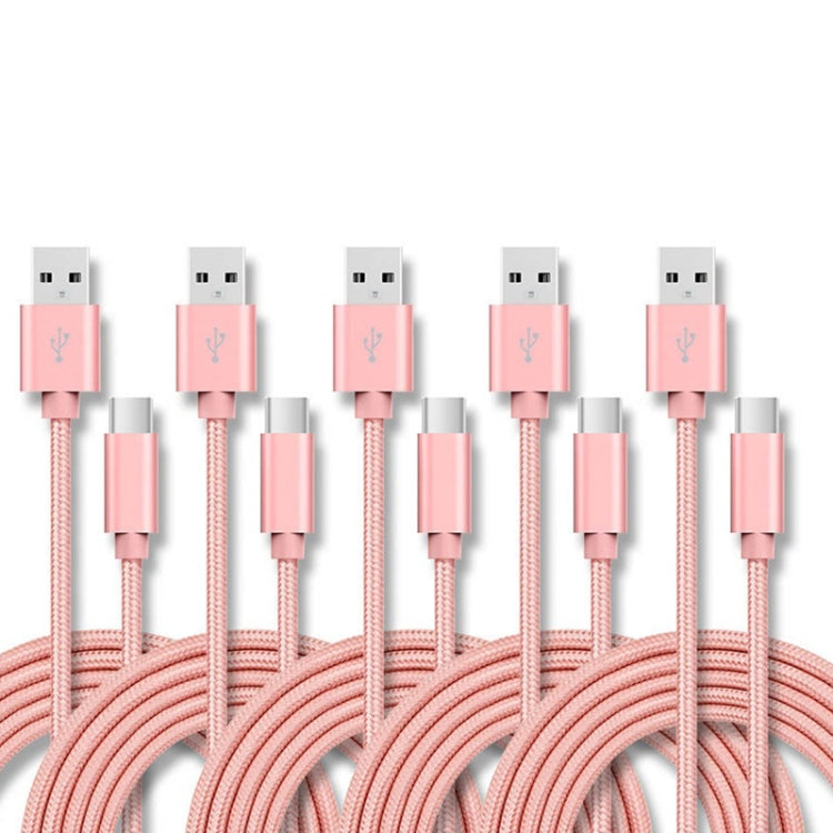 5 PCS USB to USB-C / Type-C Nylon Braided Charging Data Transmission Cable, Cable Length:3m
